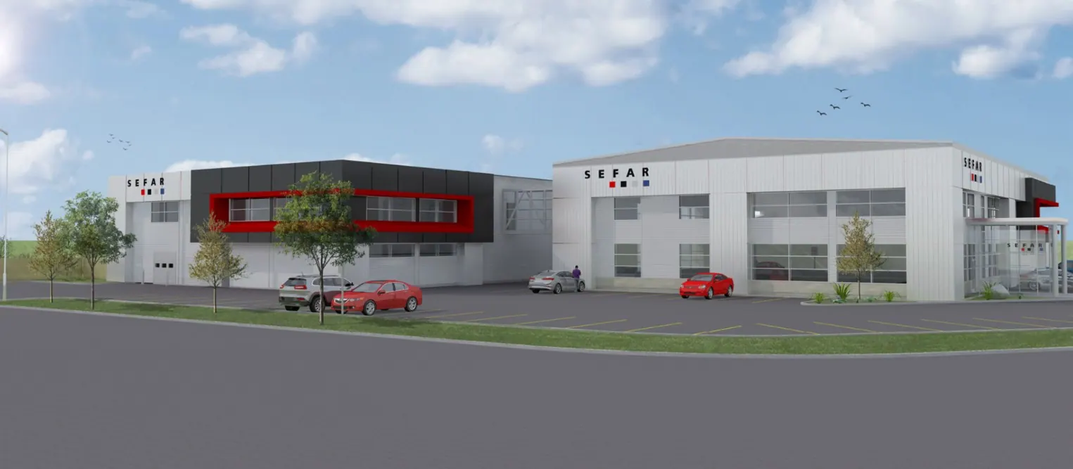 Agrandissement Sefar BDH — Projet de construction d’un agrandissement sur 2 niveaux pour l’établissement industriel situé dans le secteur commercial près de l’autoroute 70. Le nouveau bâtiment est relié aux bureaux administratifs par une passerelle aérienne.
