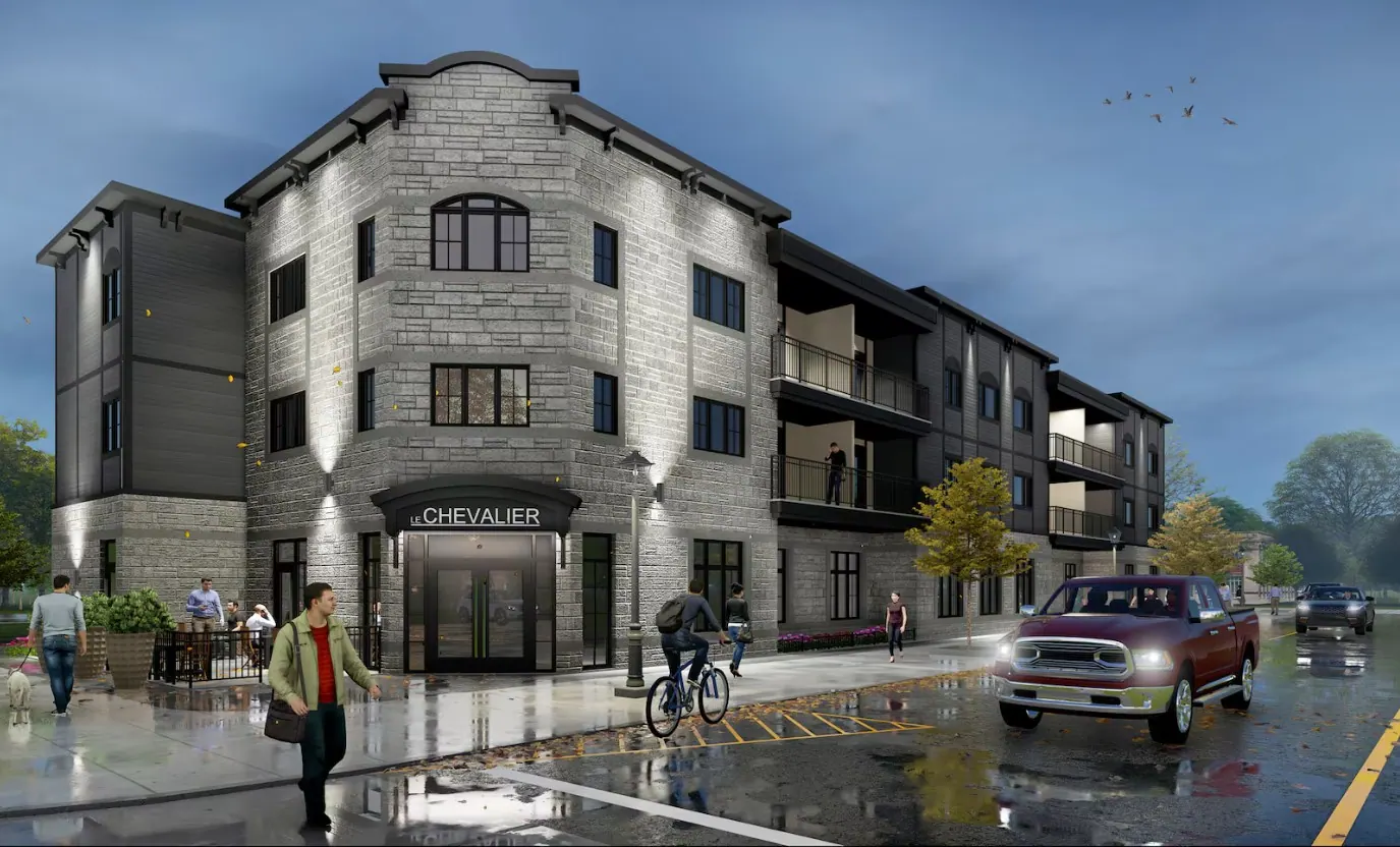 Le Chevalier — Construction d’un immeuble abritant 2 niveaux de logements à prix modiques sur un rez-de-chaussée de locaux commerciaux et de conférence. Le bâtiment s’intègre au microréseau électrique du centre-ville de Lac-Mégantic, un réseau énergétique innovant unique au Québec. Les étages supérieurs ont été construits en modules préfabriquées en usine.