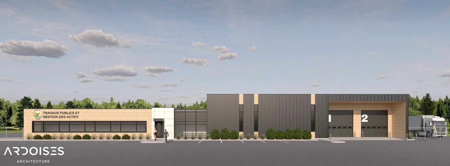 Bâtiment des travaux publics à Essipit — Construction d’un nouveau bâtiment destiné à supporter les opérations des travaux publics dans la communauté. Le bâtiment est entièrement réalisé en système constructif hybride acier/ossature légère de bois.