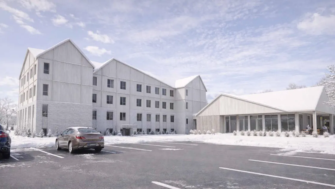 Résidence H, UQAC — Construction du pavillon H aux résidences étudiantes de l’UQAC. Il s’agit d’un bâtiment d’appartements et de chambres sur 4 étages en ossature légère de bois, relié par un corridor à un pavillon de cuisines et d’espaces communs.